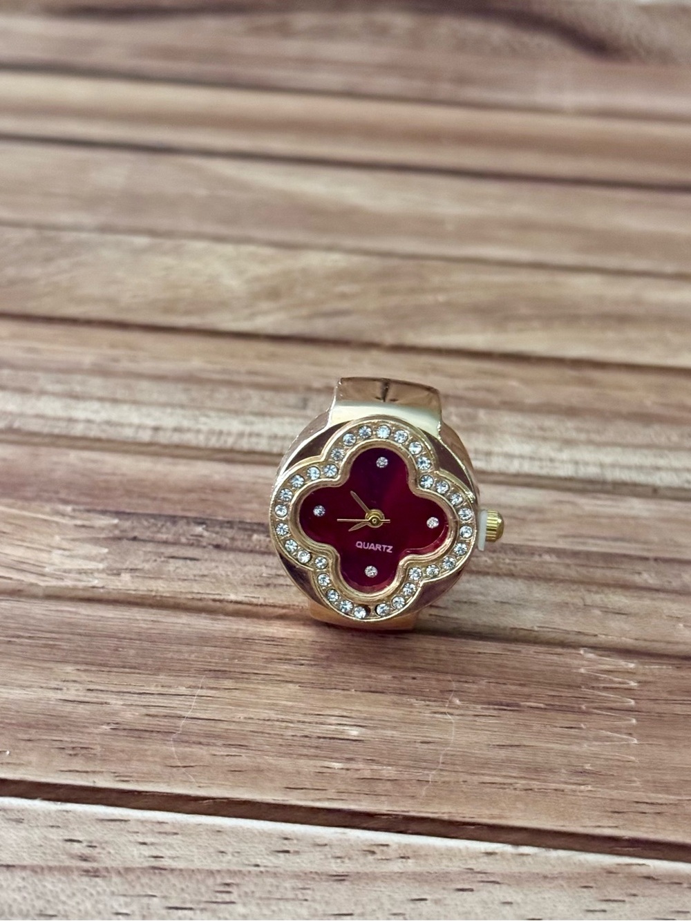 Gold Tone Women's Ring Watch with Red Floral Face and Crystal Accent